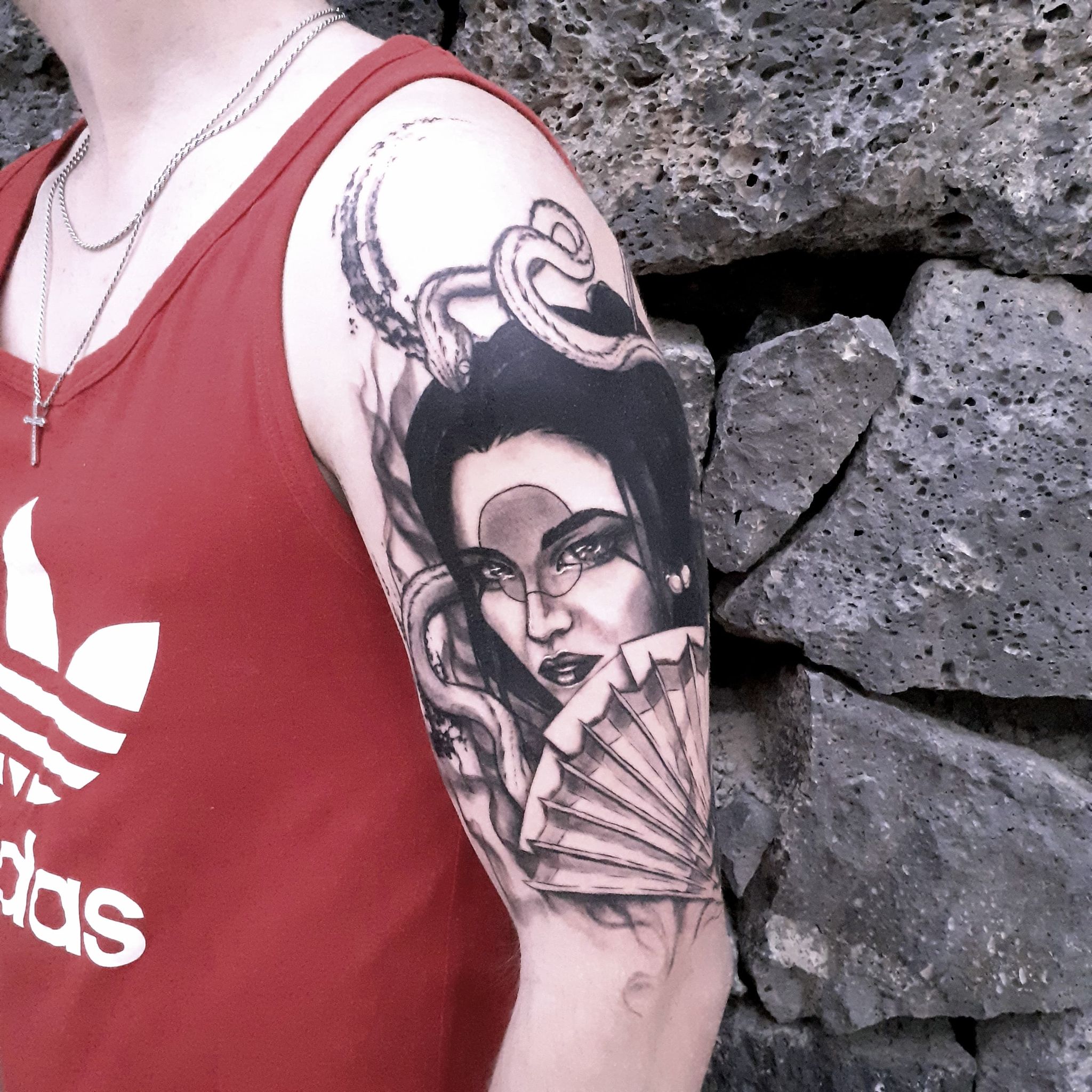 tatouage visage guerrière japonaise par Padawan Tattoo Tarawa Cap d'Agde